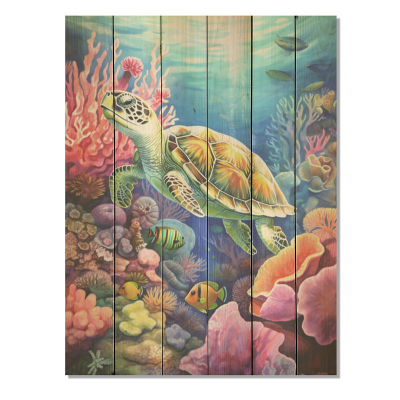 Tortue, vie colorée - corail sous l'eau, art mural sur bois de pin naturel, H 20 po x l 10 po
