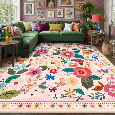 Floral 7 x 9 tapis lavables imprimé Boho tapis mignon antidérapant fleur bas pour salon chambre cuisine bureau ferme-rose
