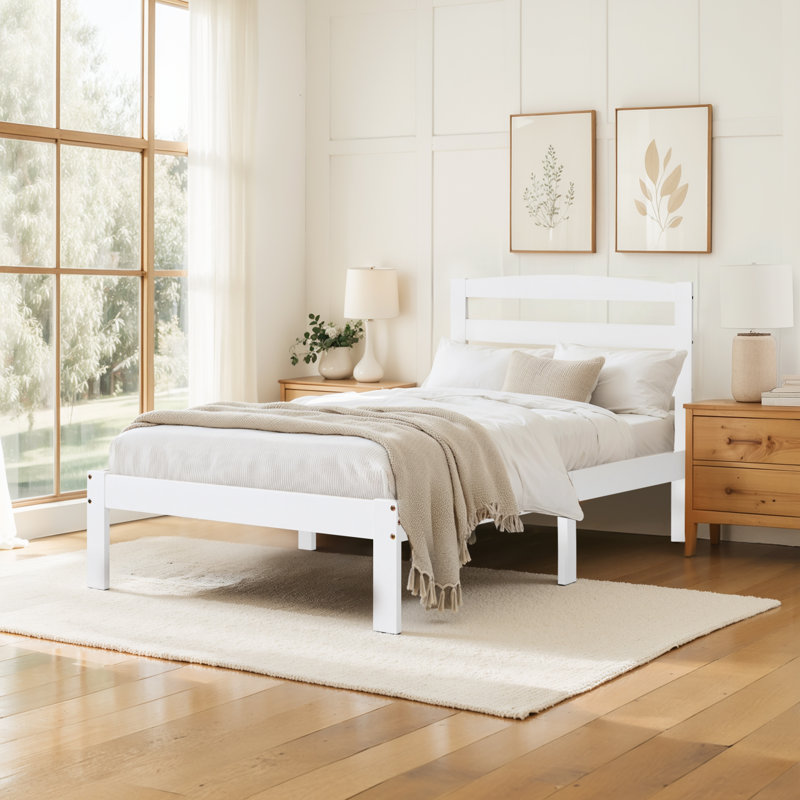 12 Inch Solid Wood Platform Bed Frame with Headboard, No Box Spring Needed and Easy Assembly, Twin, White