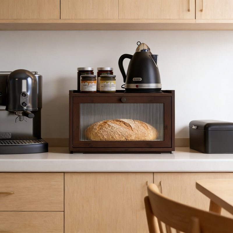 Grand contenant à pain avec porte en acrylique transparent ondulé, boîte à pain empilable en bambou pour comptoir de cuisine, garde-pain en bois de style maison de campagne avec plateau plat et base antidérapante