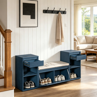 Banc de rangement pour chaussures 3 en 1 avec coussin, banc d'entrée en bois massif avec tiroirs et tablettes ouvertes