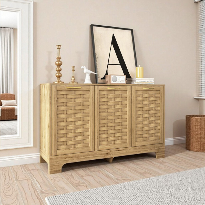 Farmhouse Wood Storage Cabinet with 3 Woven Doors - Adjustable Shelf, Anti-Tip Kit, Entryway & Living Room Sideboard Buffet
