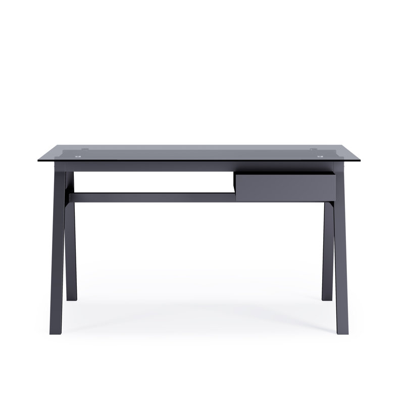 Birl Glass Top Metal Base Writing Desk, Gray