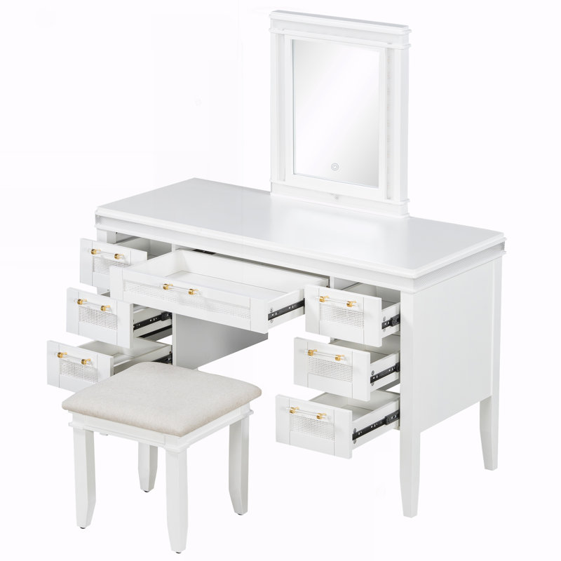 Bureau de coiffeuse 7 tiroirs avec miroir, lumières et tabouret, Blanc