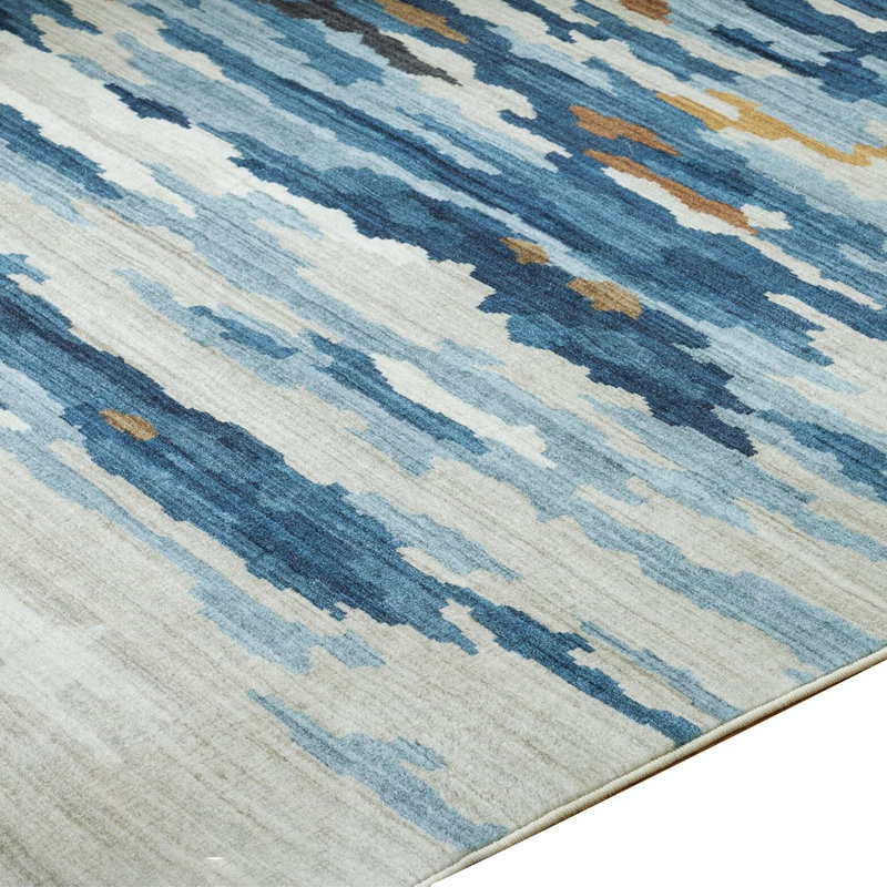 Tapis lavable Vinly, motif abstrait bleu-brun, polyester crème 8 x 10