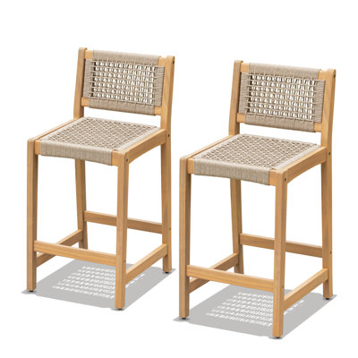 Luca Premium Rope Counter Stool – Teak Finish, Light Gray Set 2