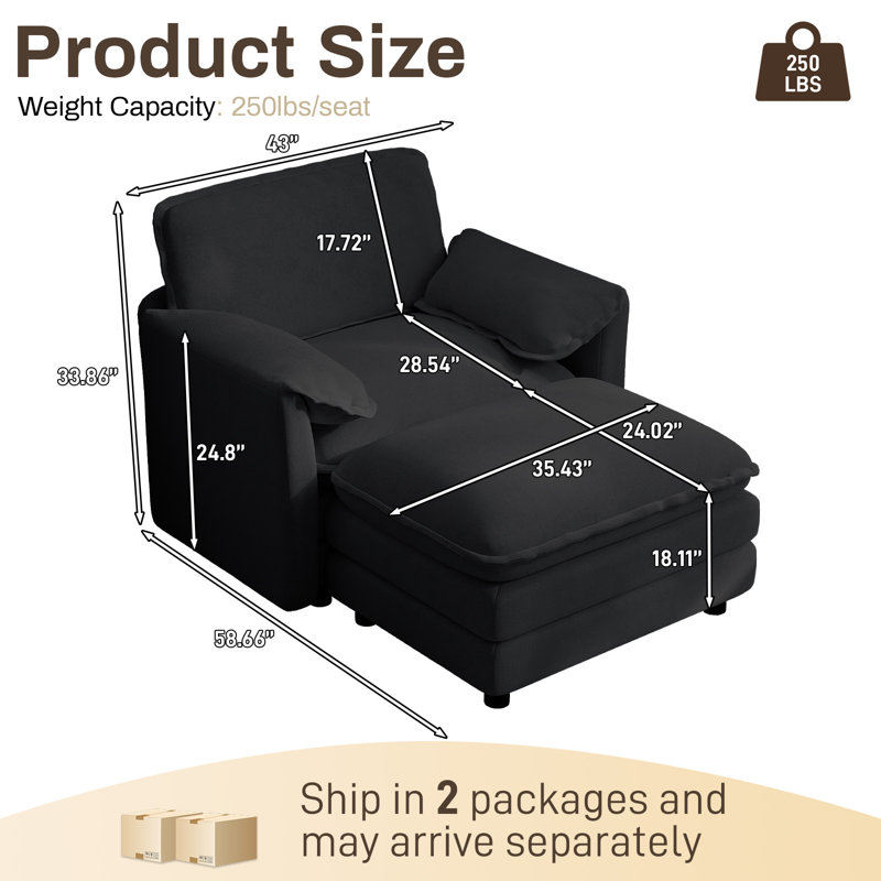 Chaise d'appoint rembourrée avec repose-pieds et coussin double couche, Noir