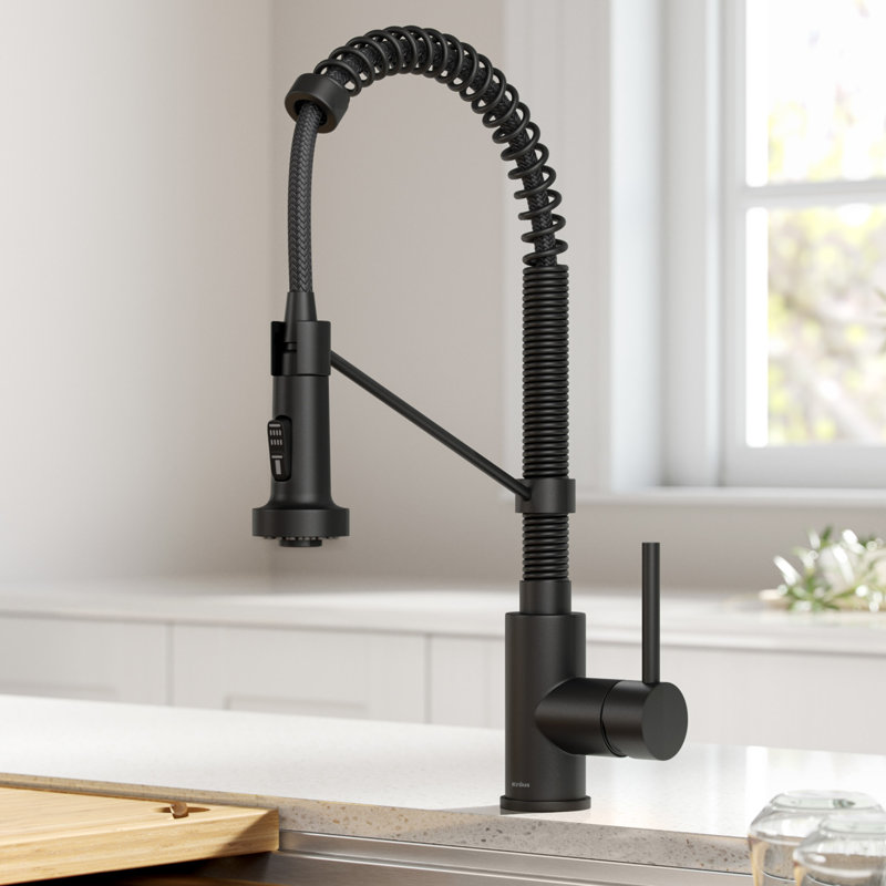 Robinet de cuisine extractible à poignée simple à 2 fonctions avec distributeur de savon KRAUS Bolden, Noir mat
