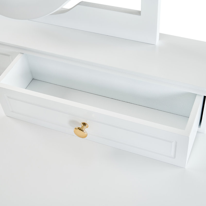 Coiffeuse de maquillage blanche avec miroir réversible, moulure élégante sur le miroir et les pieds, 5 tiroirs pour le rangement organisé, accessoires de tabouret,