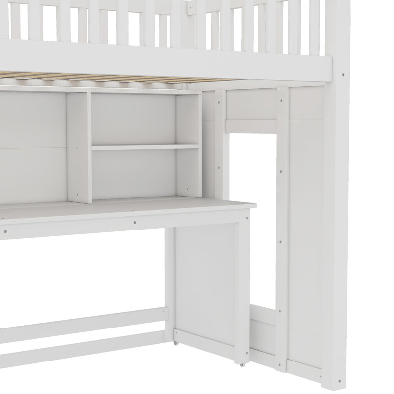 Lit mezzanine avec bureau mobile intégré, Simple, Blanc