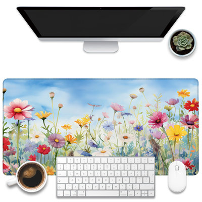 Grand tapis de souris de jeu, motif de fleurs sauvages colorées, tapis de bureau aquarelle, grand tapis de souris/clavier avec base antidérapante et bords cousus, 40 x 90 cm. Tasse blanche offerte.