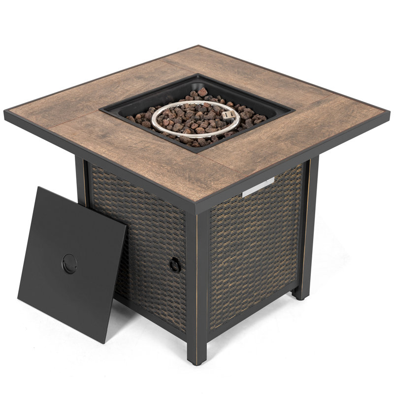 30'' Outdoor Patio Fire Pit 40,000 Btu Propane Gas Fire Pit Table with Lid and Lava Rocks, Ceramic Tile Tabletop, Black with Gold-Painted Edge