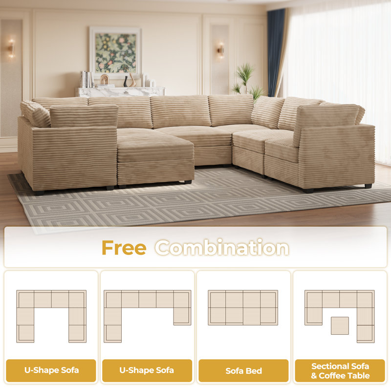 Modular U-shaped Sectional Plush Corduroy Sofa With Movable Ottoman