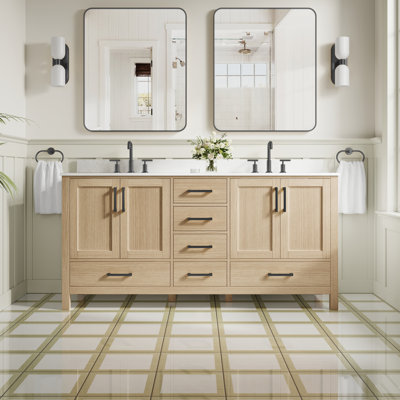 Meuble-lavabo autoportant en bois massif l 72 po x H 35 po avec comptoir en marbre de culture blanc de Carrare et double lavabo en céramique, chêne