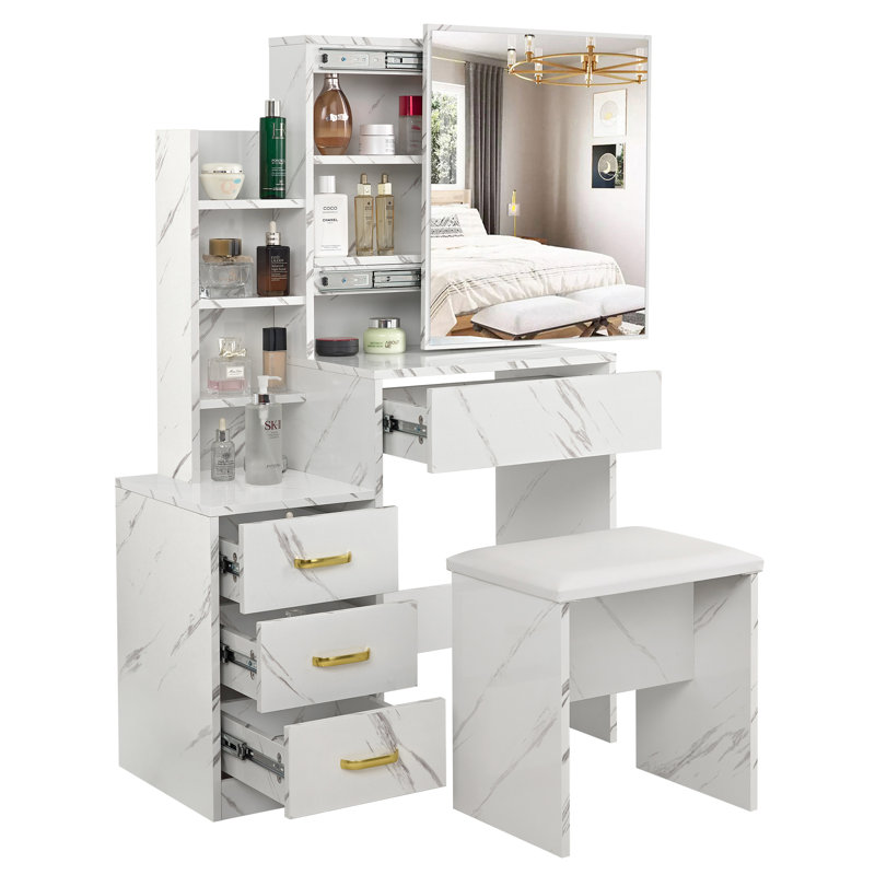 Barranca Dressing Table with Sliding Mirror, White Marble