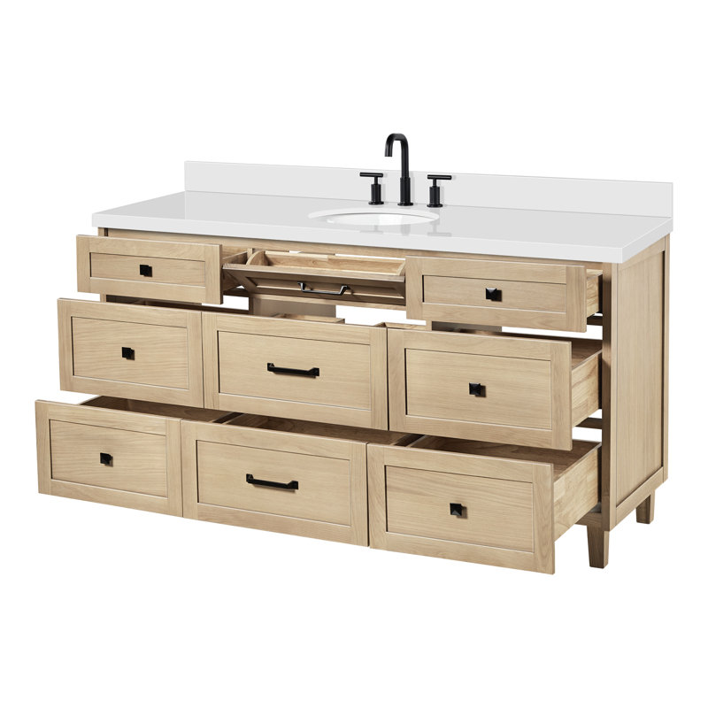 Meuble-lavabo ARIEL Monrow 61 po en chêne massif avec comptoir en quartz blanc pur de 1,5 po et lavabo ovale centrale., Chêne