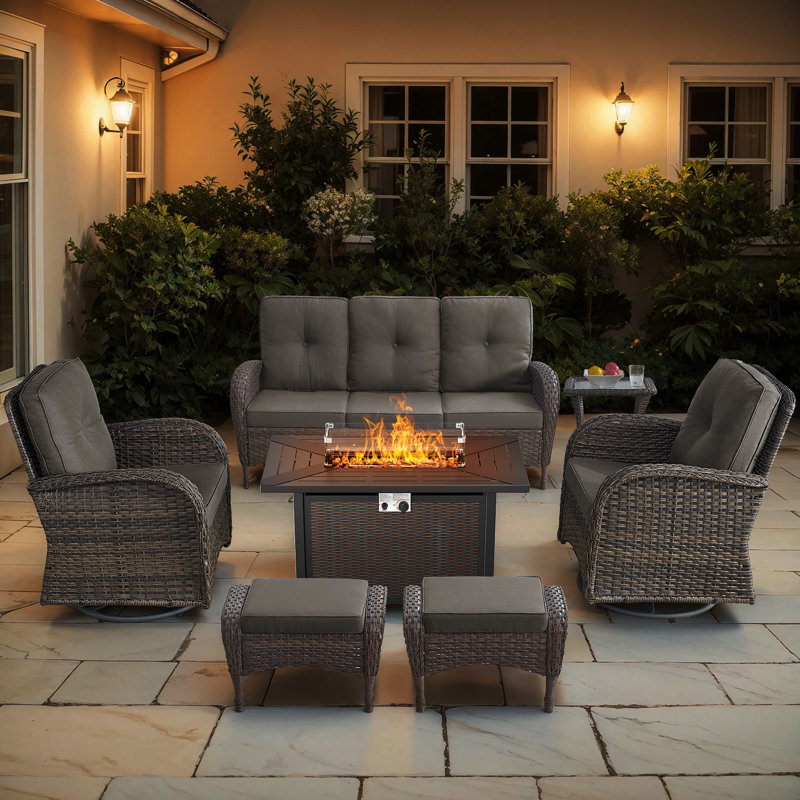 Valierius 7-Piece Outdoor Wicker Set With Fire Pit, 3-Seater Sofa, Swivel Chairs & Ottomans, Gray