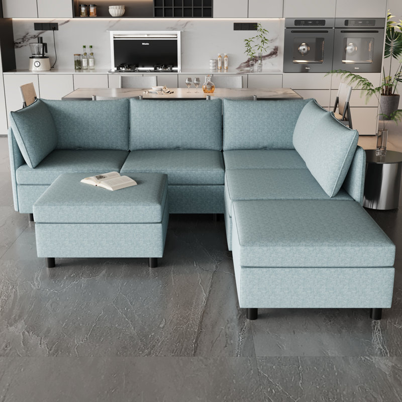 Salon modulaire avec canapé-lit et rangement, 6 compartiments modulaires en chenille bleu antique, Chenille bleu antique