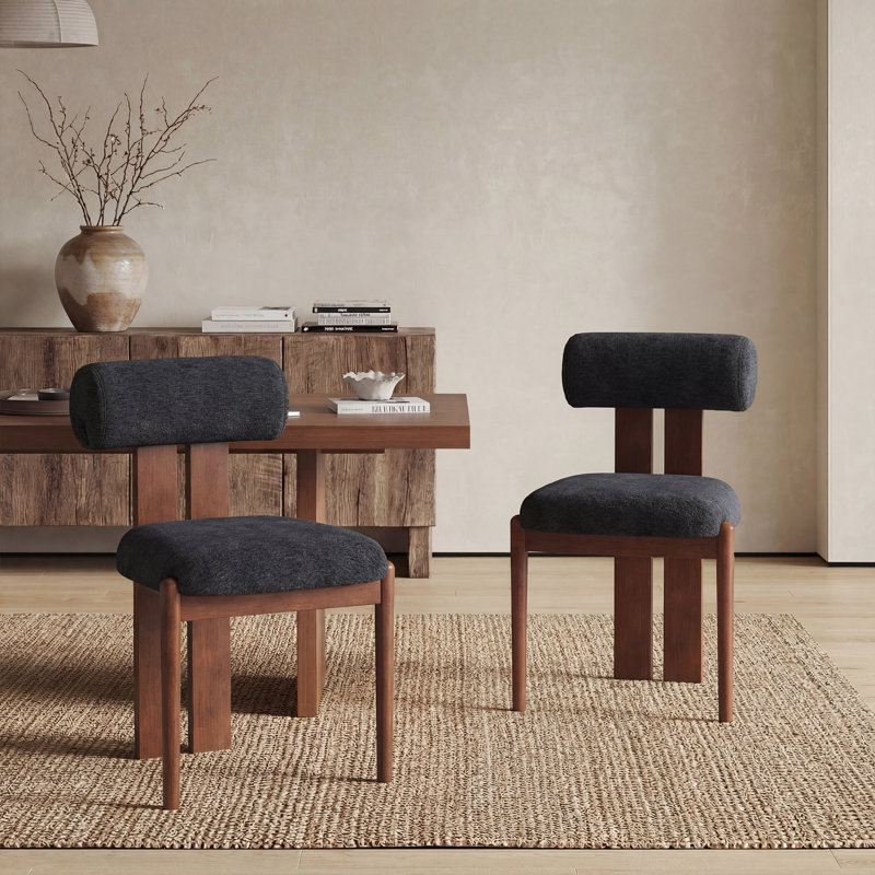 Mid-Century Modern Wooden Dining Chairs, Upholstered Fabric with Sculptural Backrest & Solid Wood Legs, Walnut, Dark Blue