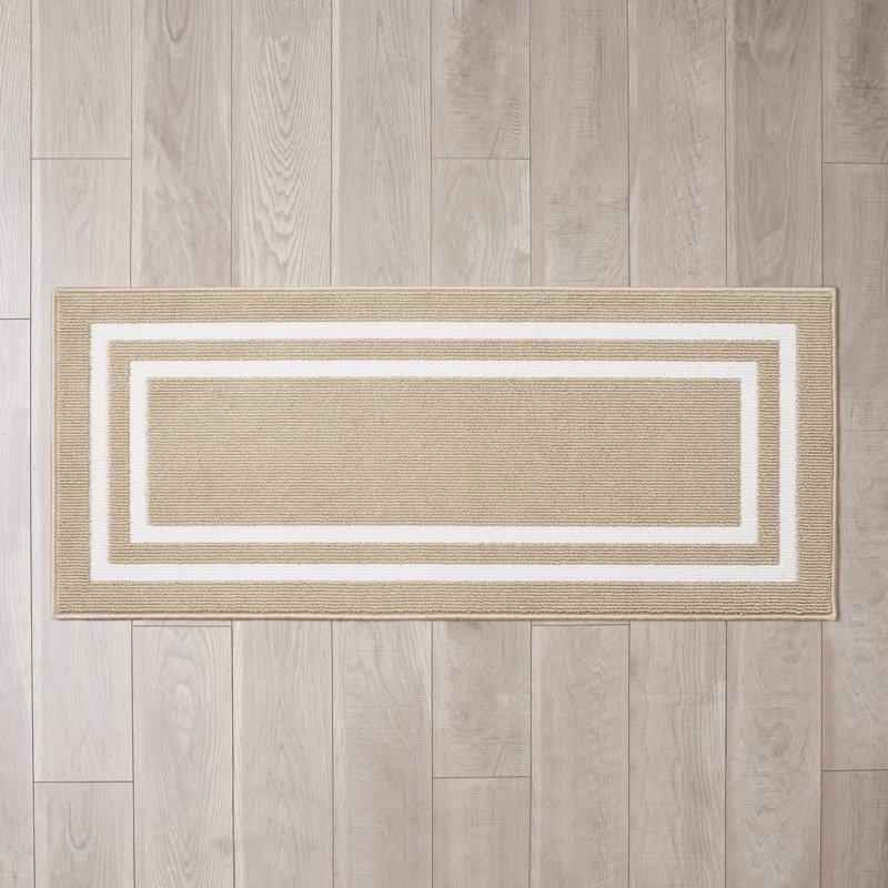 Double Border Machine Tufted Performance Beige/White Rug, Runner 2'2" x 6'