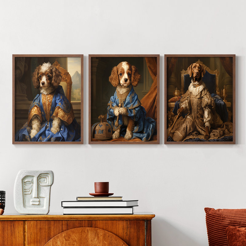 Série royale d'animaux LIX - ensemble de 3 estampes numériques encadrées - prêt à être accroché, Cadre noyer
