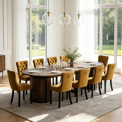 Ensemble de table de salle à manger extensible de 47 à 118 po avec base de rangement, plateau de table ovale extensible, coin sécuritaire, 6 à 10 sièges, chaises rembourrées en velours, ensemble de table de cuisine rectangulaire moderne en bois pour la salle à manger