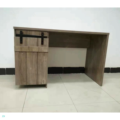 Home Office Desk Hazelnut One Cabinet Three Shelves Faux Barn Door On Metal Euro Hinges Modesty Panel