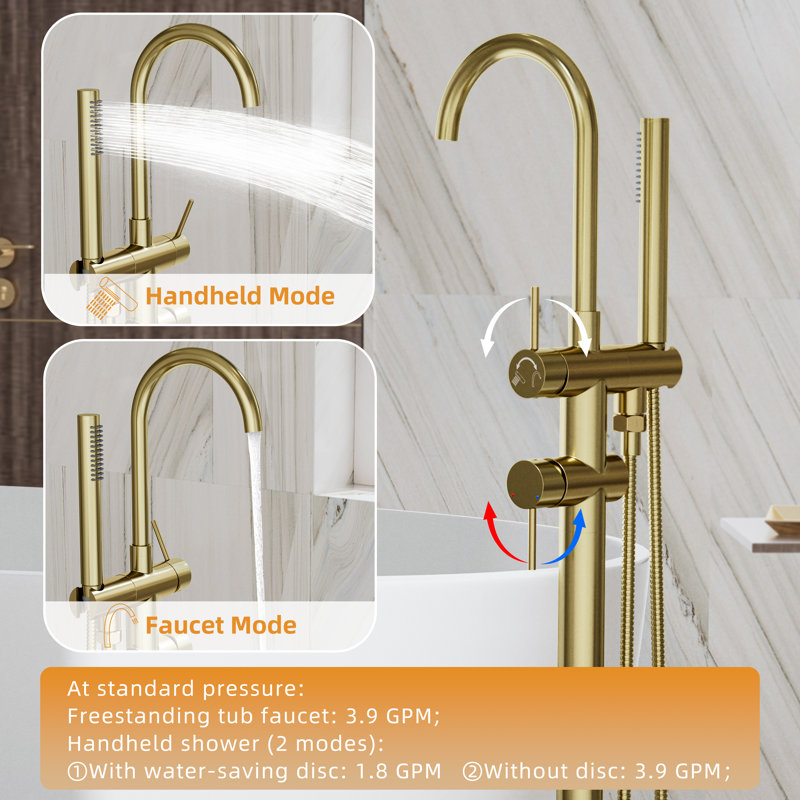 Freestanding Brushed Gold Tub Faucet With Handheld Shower | 360° Swivel Spout, 3.9GPM Flow, 304 Stainless Steel, CUPC Certified