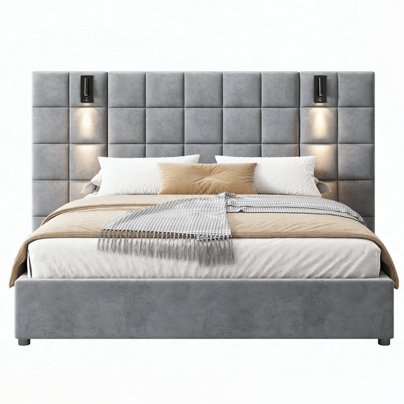 wide headboard Upholstered bed with reading lamp and USB port, Queen