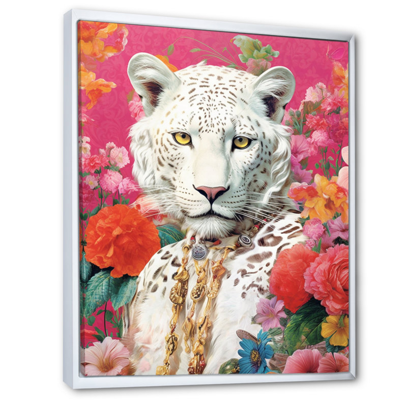 «White Tiger Floral Mix II», reproduction sur toile, Cadre flottant blanc, H 32 po x l 16 po x P 1 po