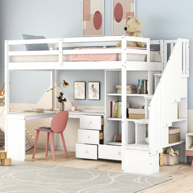 Lit mezzanine blanc simple avec bureau en L, tiroirs, armoire et escalier de rangement - Matériaux avec fabrication, Blanc