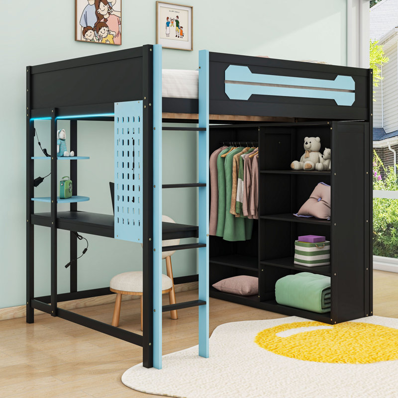 Lit mezzanine pleine grandeur avec bureau, ports USB et éclairage à DEL RVB, Bleu