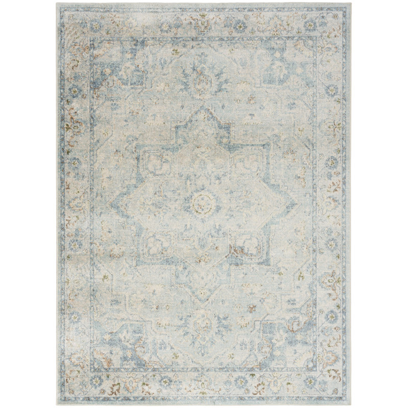 Tapis oriental bleu en polyester lavable à la machine Marqies, Rectangle 5 pi 3 po x 7 pi