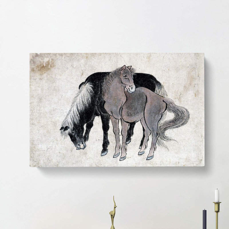 Two Horses by Katsushika Hokusai - Wrapped Canvas Painting, 50cm H x 76cm W x 3cm D