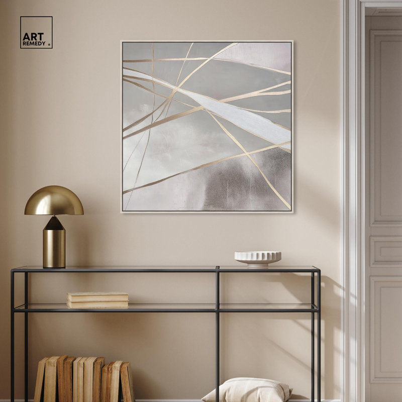 Abstrait minimaliste sur toile champagne et platine par Art Remedy, Encadrement argenté, H 31 po x l 31 po x P 2 po