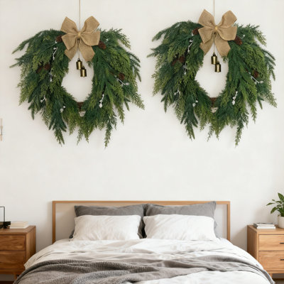 2Pcs Vintage Norfolk Pine Christmas Wreath 181 Inch Artificial Greenery Faux Cedar Wreaths with Bells and Ribbon Bow for Xmas Decor Indoor Outdoor Window Wall Decoration