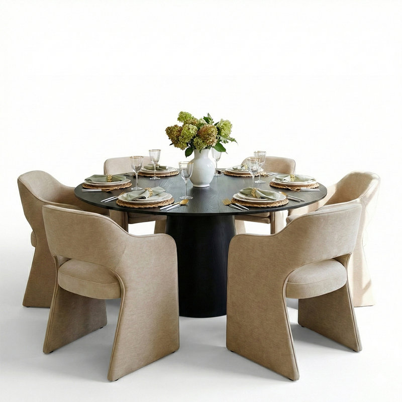 6 - Person Dining Table Sets With Round Table & 6 Upholstered Chenille Chairs, Black, Brie