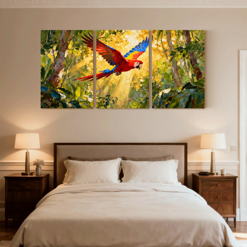 Oiseaux, perroquet coloré volant dans la jungle, ensemble de 3 impressions sur toile, H 30 po x l 60 po