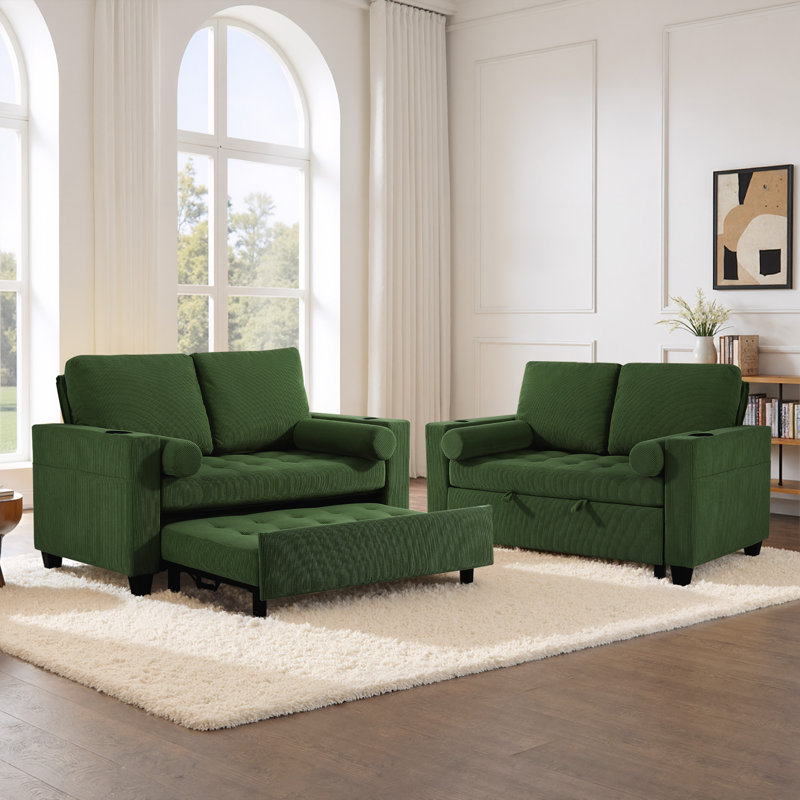 Upholstered Green Corduroy Tufted Convertible Pull-Out  Multi-Functional Sleeper Sofa Bed - Adjustable Backrest With 2 Soft Pillows, USB Outlet and  Cup Holder (Set of 2)