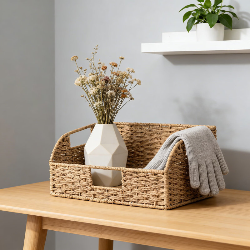 Paniers de rangement en corde de papier tissés à la main avec poignées en bois, paquet de 2 paniers de rangement en osier pour garde-manger, cuisine, tablettes et décoration intérieure