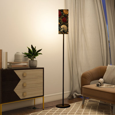  68.5" Standing Floor Lamp Dark Fantasy Skull Blooming Roses Antique Botanical Repeat Design Dimmable Metal Pole Lamp with Linen Lampshade LED Bulb Included