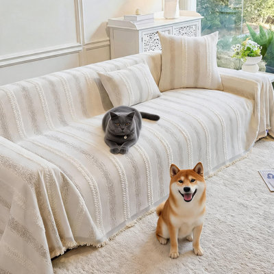 Beige Textured Stripe Sofa Cover, Non‑Slip Washable Couch Cover for Pets