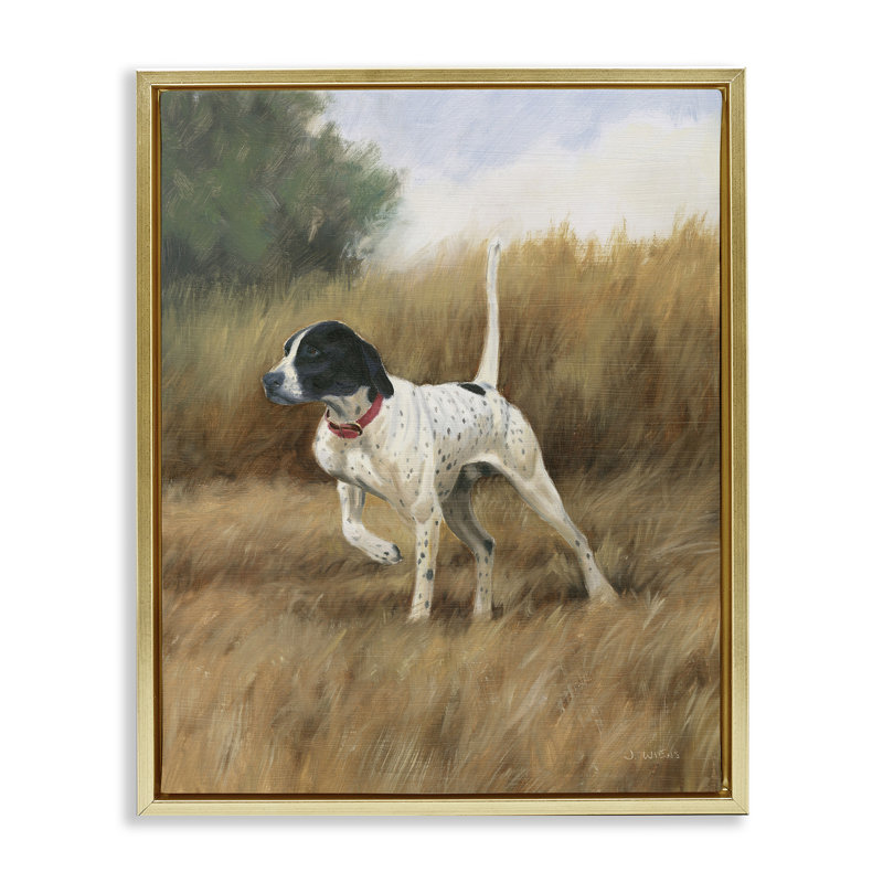 Pointer Dog in Field, 17" H x 21" W, Metallic Gold Floater Frame
