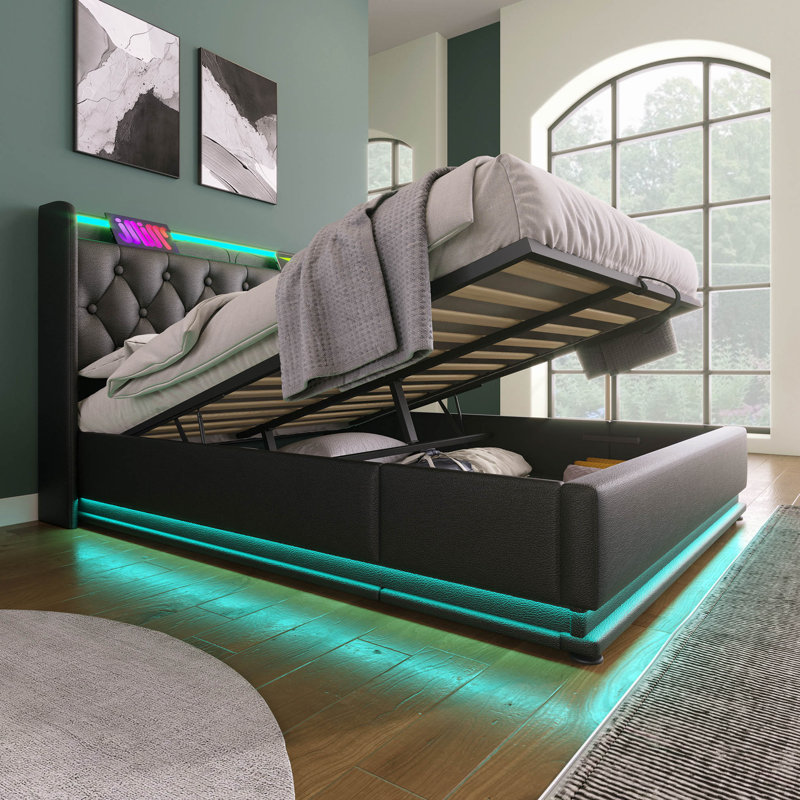 Lit tapissier, fonction DEL à 360 degrés, boutons / applications / télécommande, lit de rangement hydraulique avec chargement USB Type-C, polyuréthane (sans matelas)