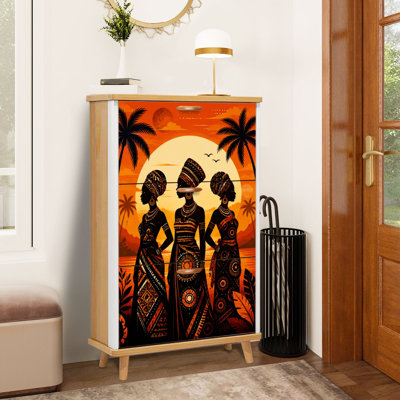 Meuble à chaussures à 3 tiroirs rabattables, silhouette de femme vêtue sur fond de coucher de soleil orange, palmiers. Organisateur de chaussures sur pied étroit et discret, placard en bois pour entrée, couloir, hall d'entrée, dressing, appartement, petit espace.