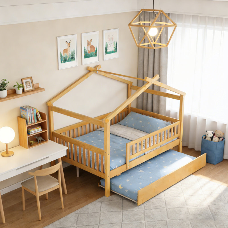 Full Size Wooden House Bed With Trundle, Natural, Full