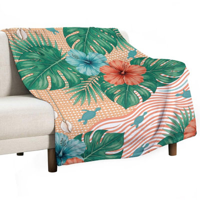Jeté en flanelle de luxe avec feuilles d'hibiscus, coquillages, flanelle de luxe, couverture douce et chaude pour le canapé-lit du salon
