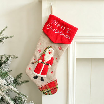 Embroidered Christmas Socks Gift Bag, Santa Claus Snowman Candy Pouch, Red Hanging Ornament for Window Decor, 1 Pack