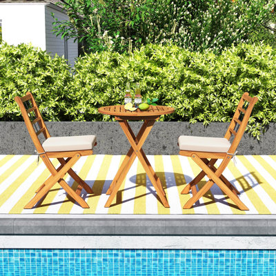 3 Pcs Acacia Wood Patio Bistro Set Folding Outdoor Table And Chairs With Cushions