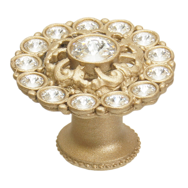 Caché large round knob with flared foot with Swarovski Clear Crystalsin Antique rass, Gold